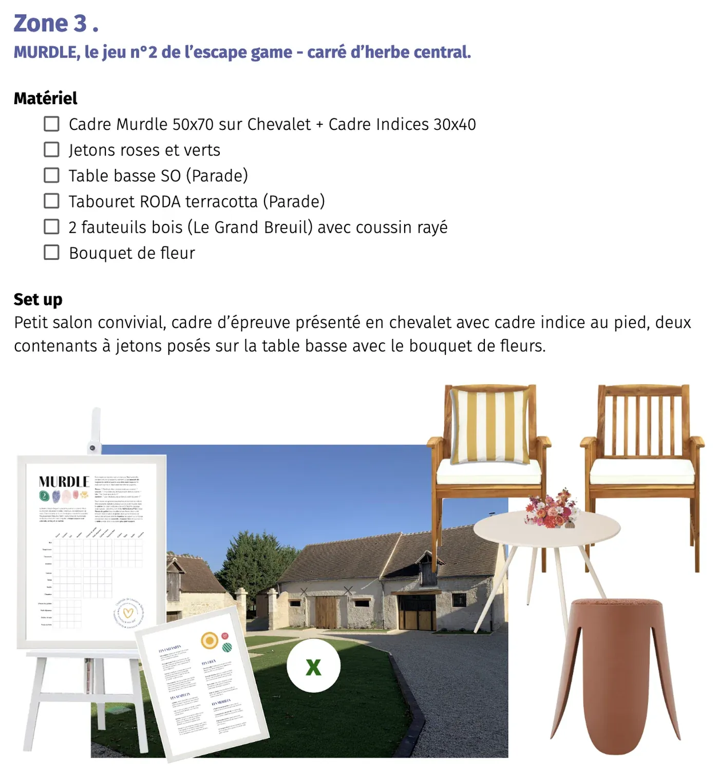 Production guide page for the deduction game: empty grid on an easel, material checklist and set-up notes