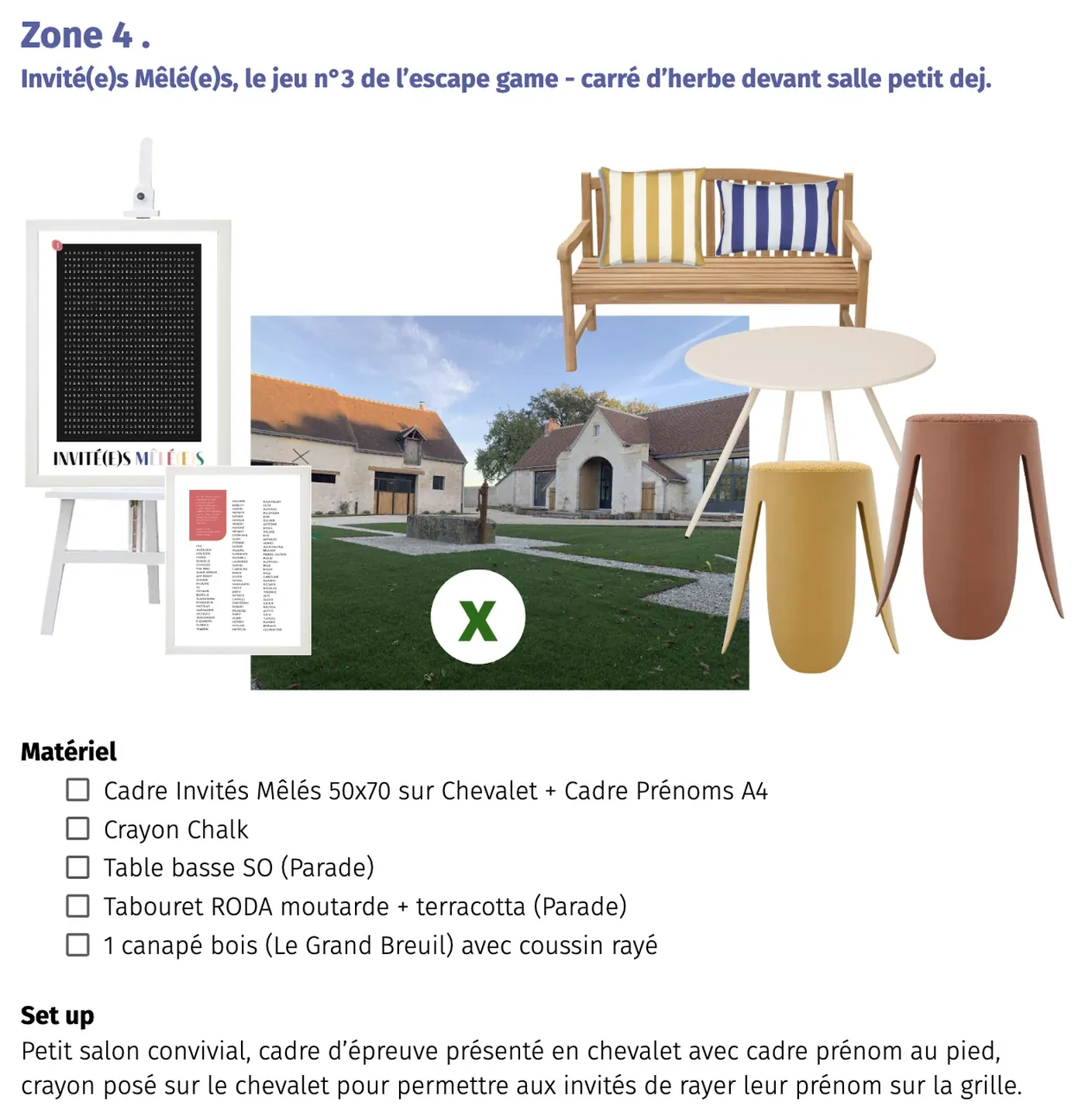 Production guide page for the word-grid game: blank poster on an easel with its material checklist